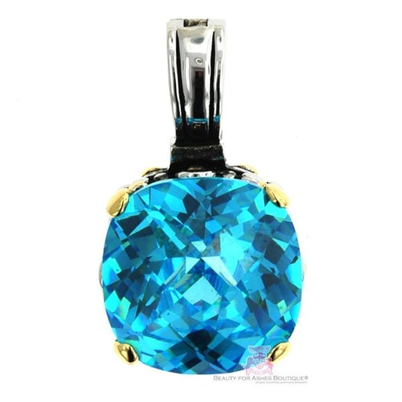 Beauty for Ashes Jewelry - Multi Faceted Throne Room Checker Cushion Cut Aqua Blue Ice Glam Cz Pendant
